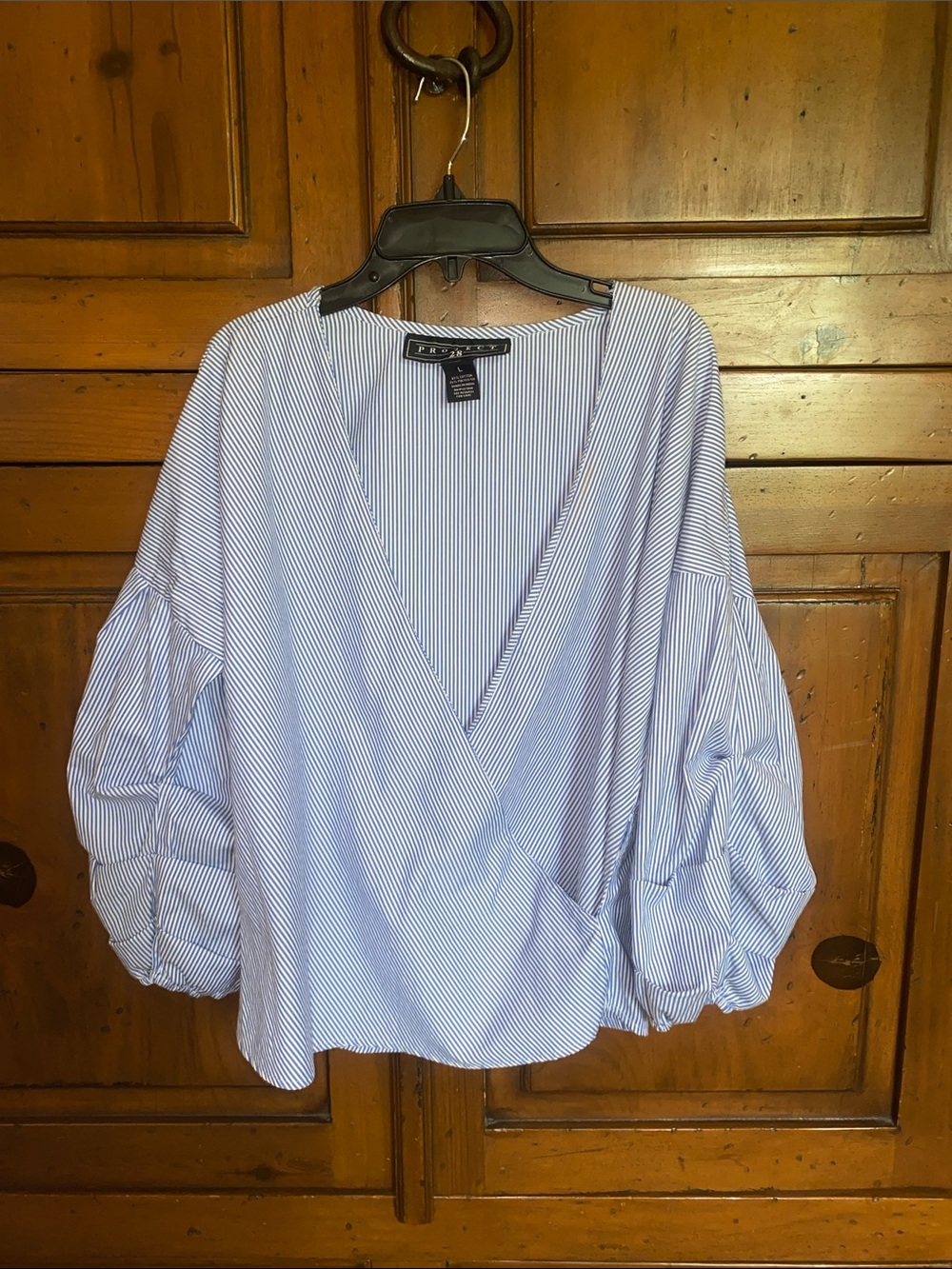 Project 28 Pullover Blouse Top Puffed Sleeves Blue White Stripe Coastal Preppy L